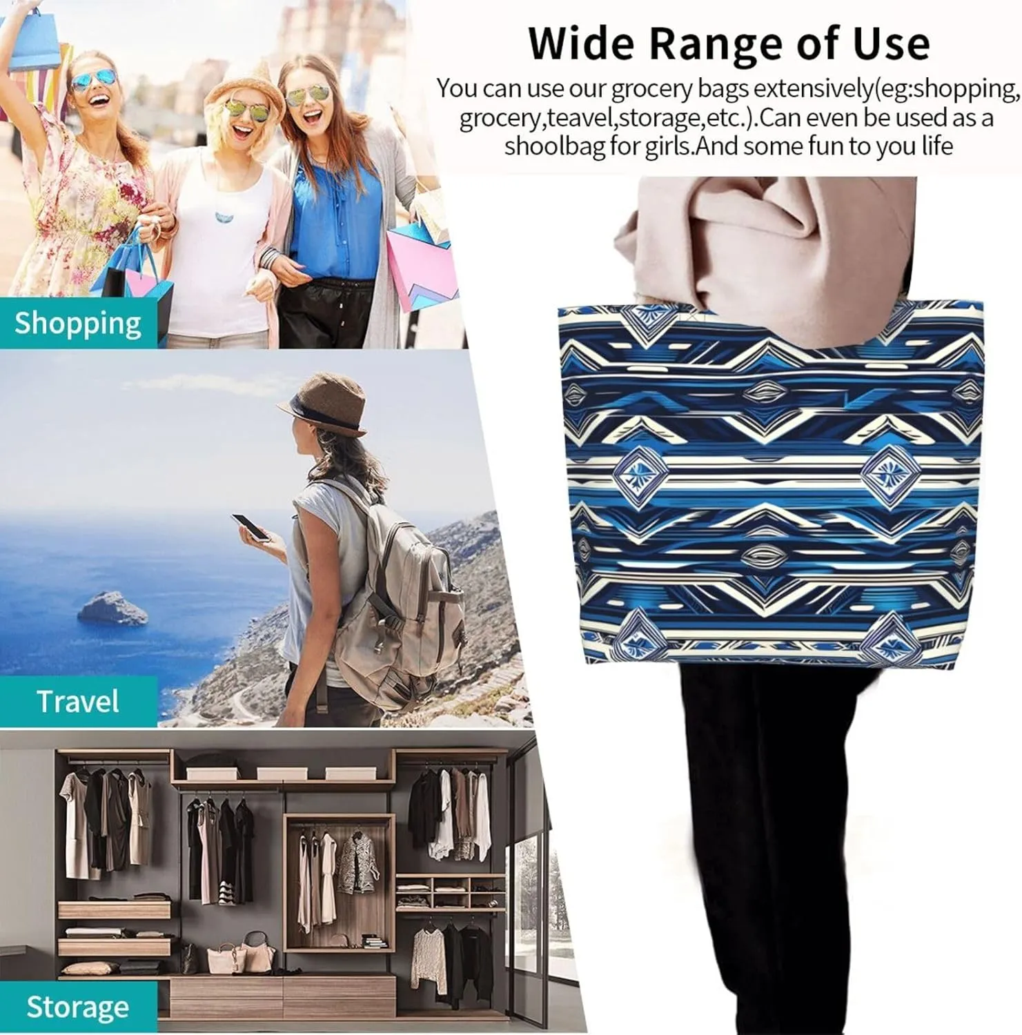 Blue Shining Stars Print Shoulder Bag For Women Shopping Bags Tote Bag Large Storage Handbag Grocery Bags