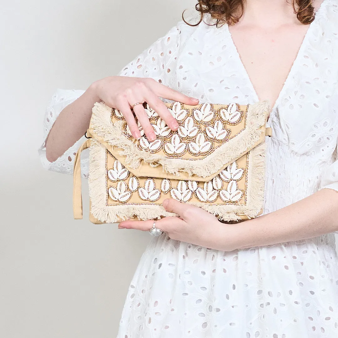 Bohemian shell-embellished clutch wholesale