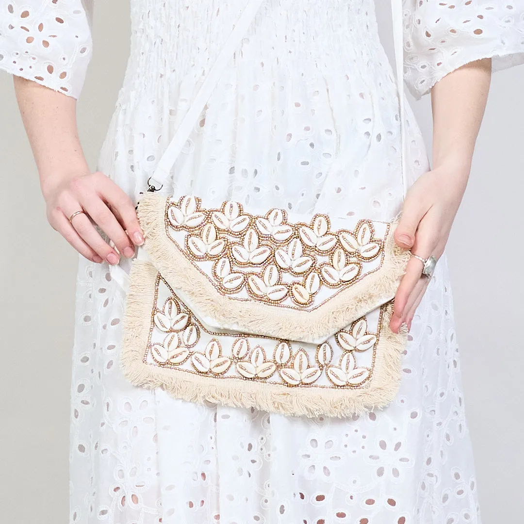 Bohemian shell-embellished clutch wholesale