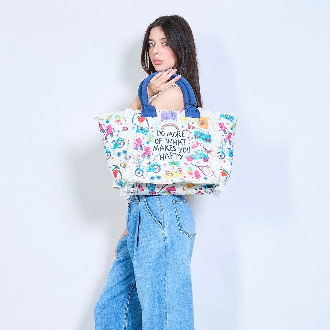 Boho printed tote bag with happiness quote wholesale