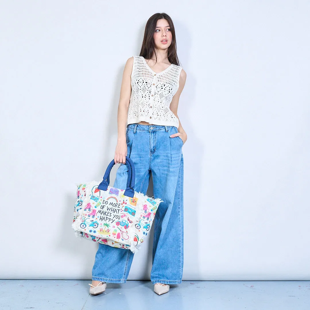 Boho printed tote bag with happiness quote wholesale