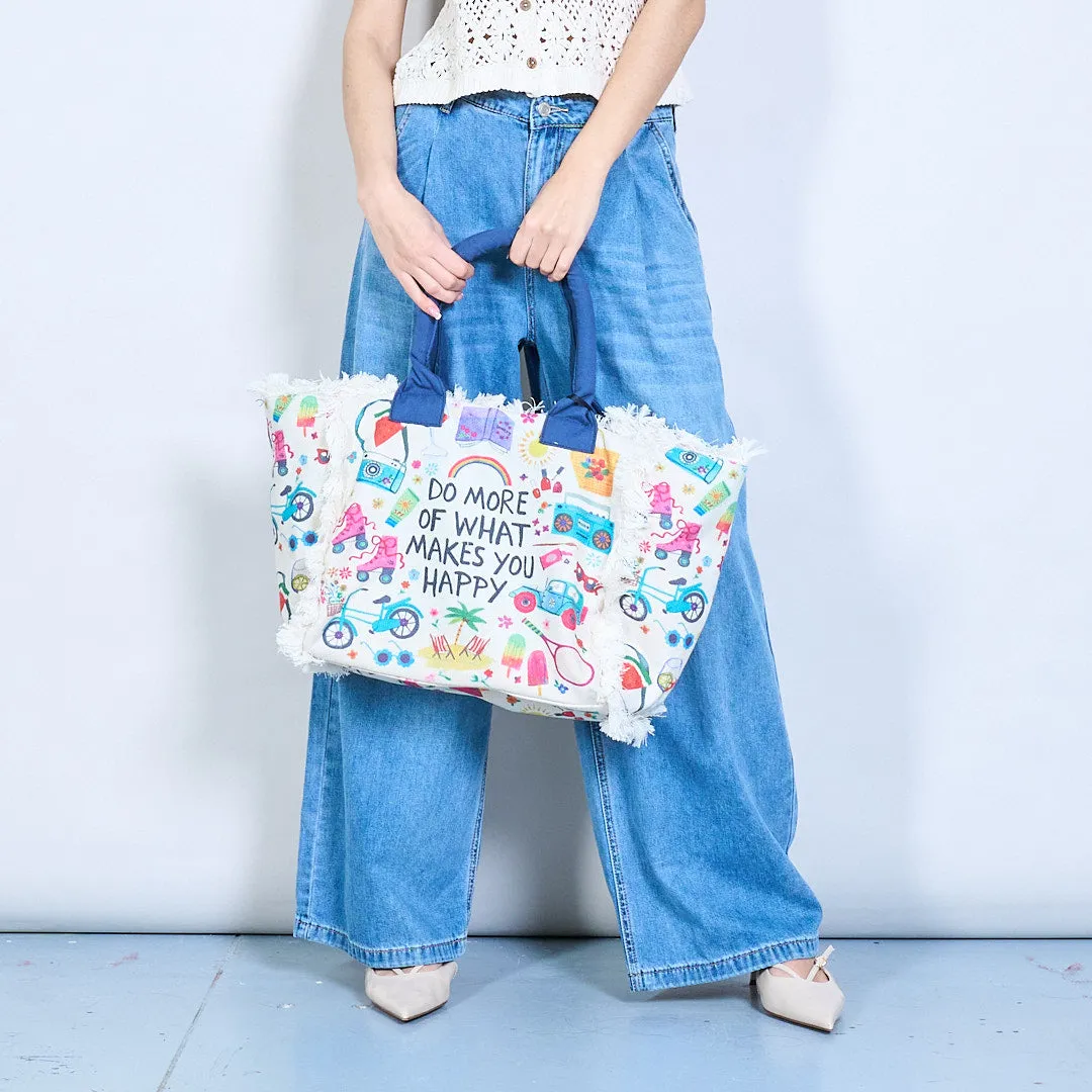 Boho printed tote bag with happiness quote wholesale