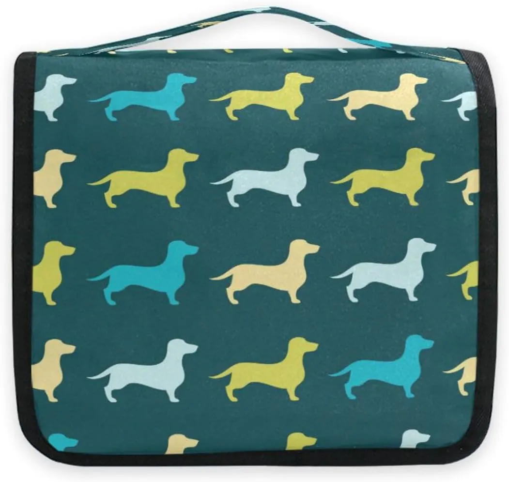 Bolaz Hanging Toiletry Bag Portable Cosmetic Makeup Seamless Decorative Background with Dachshund Travel Organizer for Men & Women with Sturdy Hook