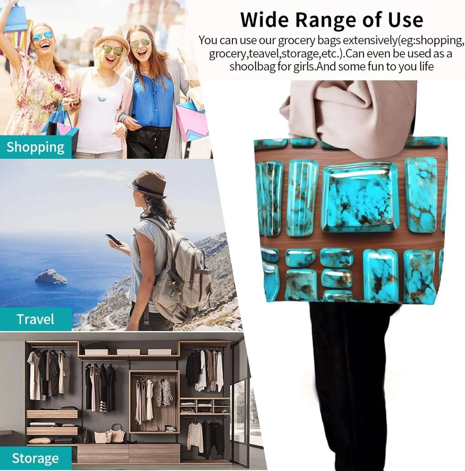 Bright Aqua Blue Turquoise Print Shoulder Bag For Women Shopping Bags Tote Bag Large Storage Handbag Grocery Bags