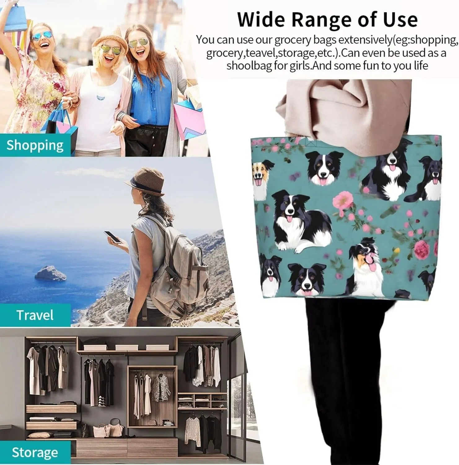 Bright Aqua Blue Turquoise Print Shoulder Bag For Women Shopping Bags Tote Bag Large Storage Handbag Grocery Bags