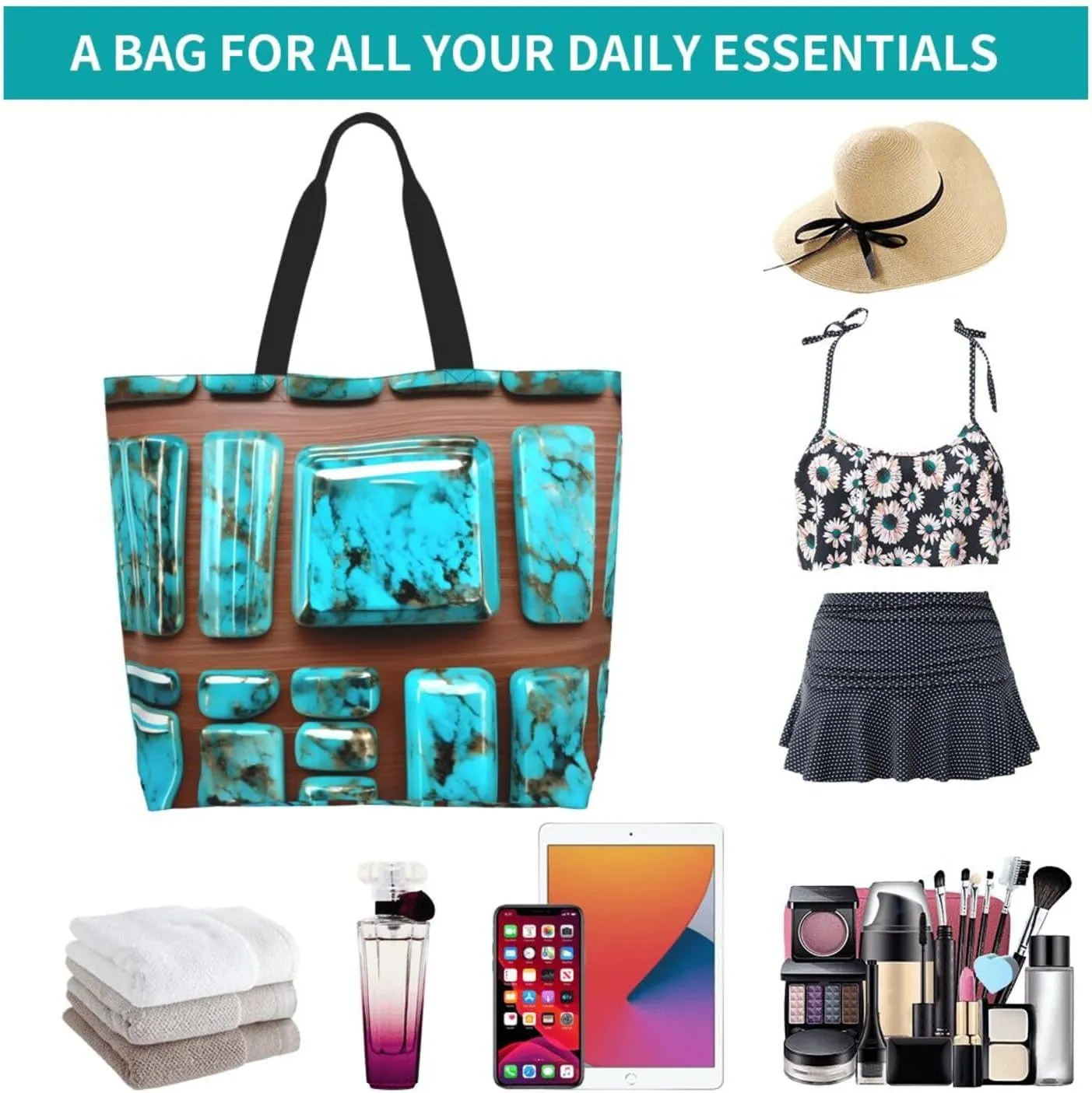 Bright Aqua Blue Turquoise Print Shoulder Bag For Women Shopping Bags Tote Bag Large Storage Handbag Grocery Bags