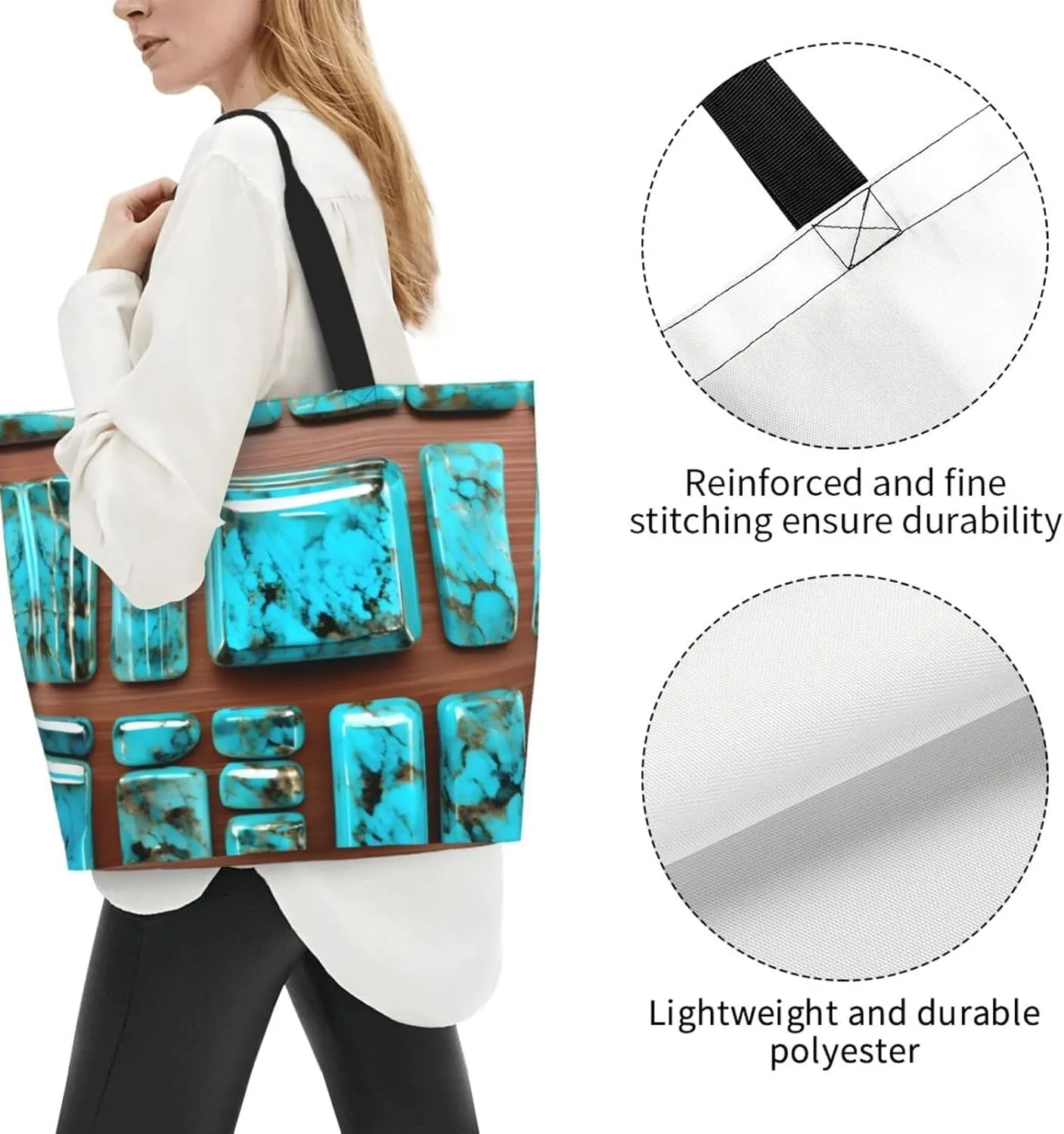 Bright Aqua Blue Turquoise Print Shoulder Bag For Women Shopping Bags Tote Bag Large Storage Handbag Grocery Bags