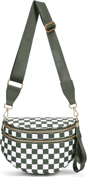 Bum Bags for Women Crossbody,Nylon Checkered Crossbody Bag Black and White Checkered Purse Oversized Slouchy Belt Bag