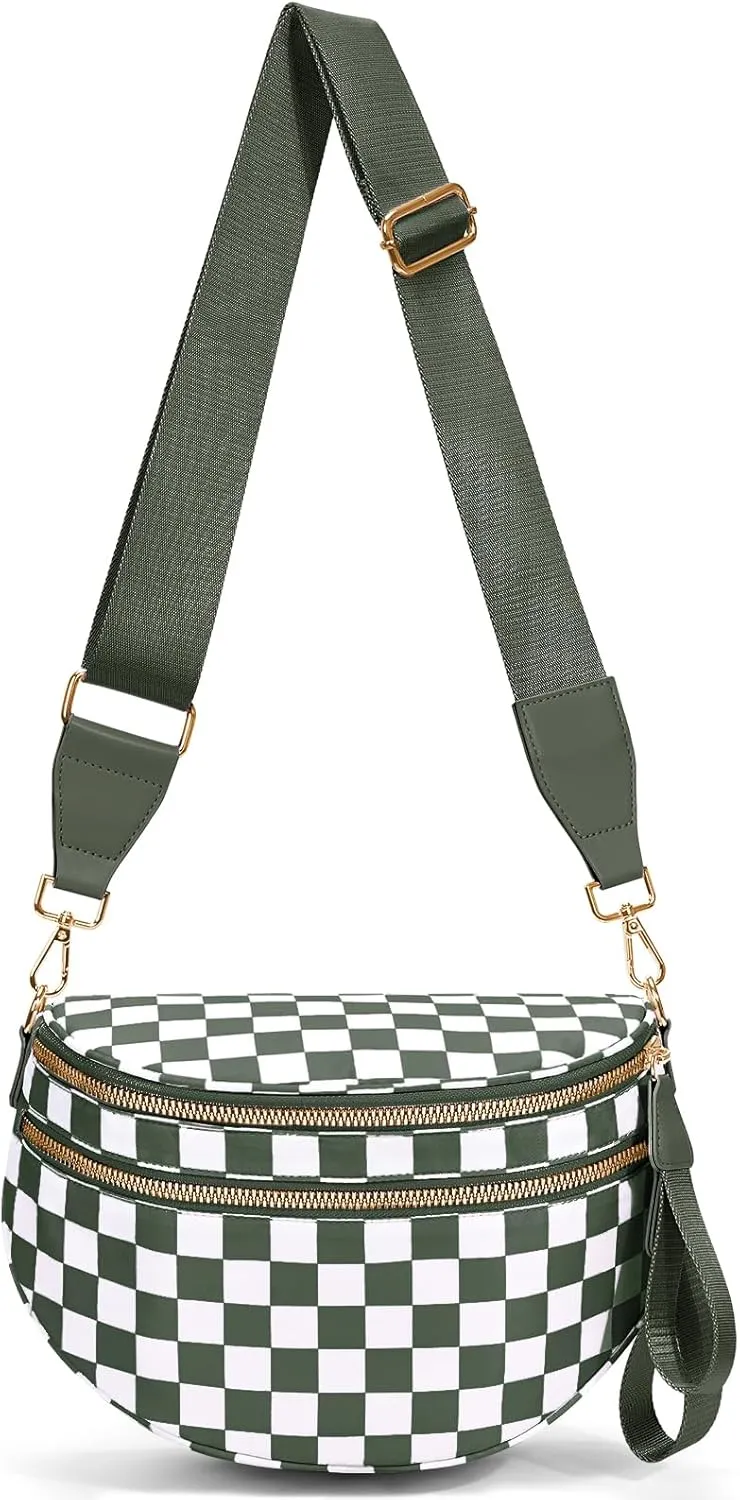 Bum Bags for Women Crossbody,Nylon Checkered Crossbody Bag Black and White Checkered Purse Oversized Slouchy Belt Bag