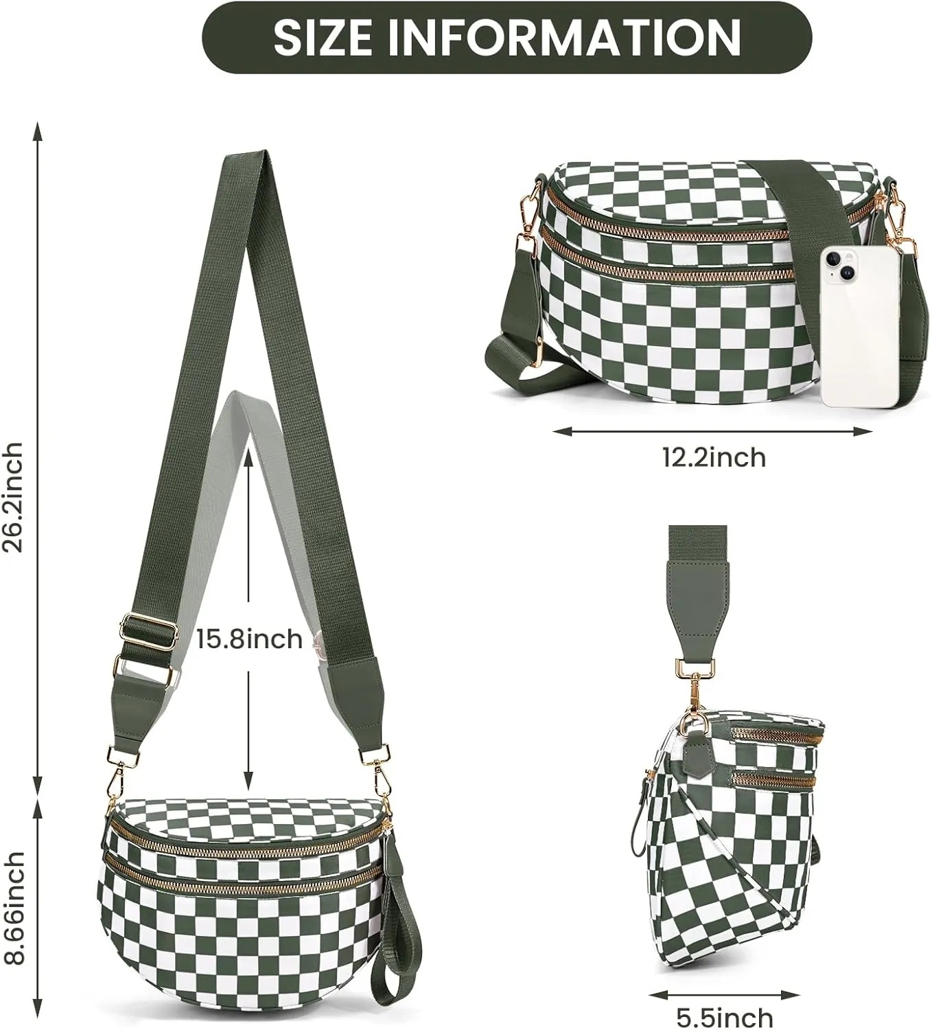 Bum Bags for Women Crossbody,Nylon Checkered Crossbody Bag Black and White Checkered Purse Oversized Slouchy Belt Bag