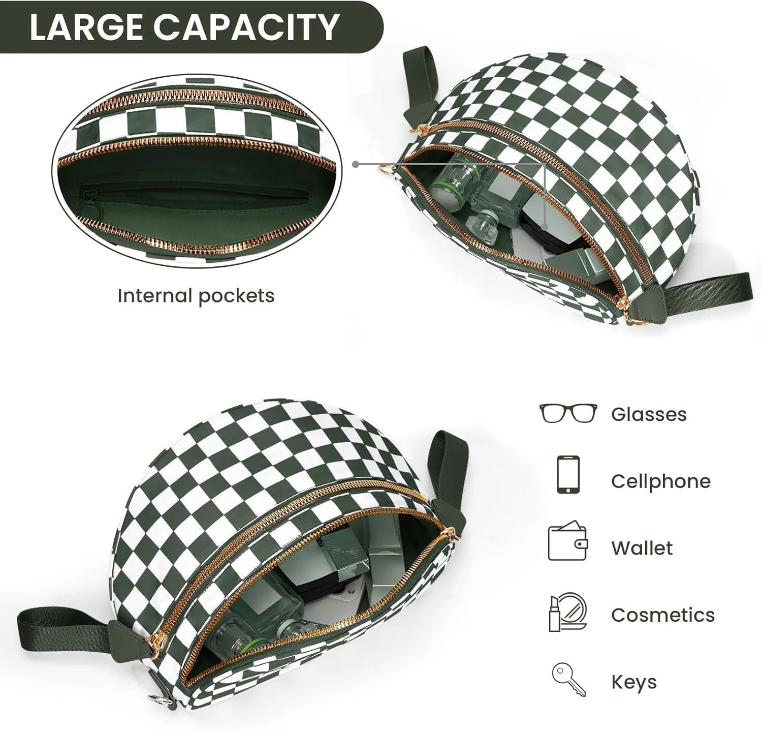 Bum Bags for Women Crossbody,Nylon Checkered Crossbody Bag Black and White Checkered Purse Oversized Slouchy Belt Bag