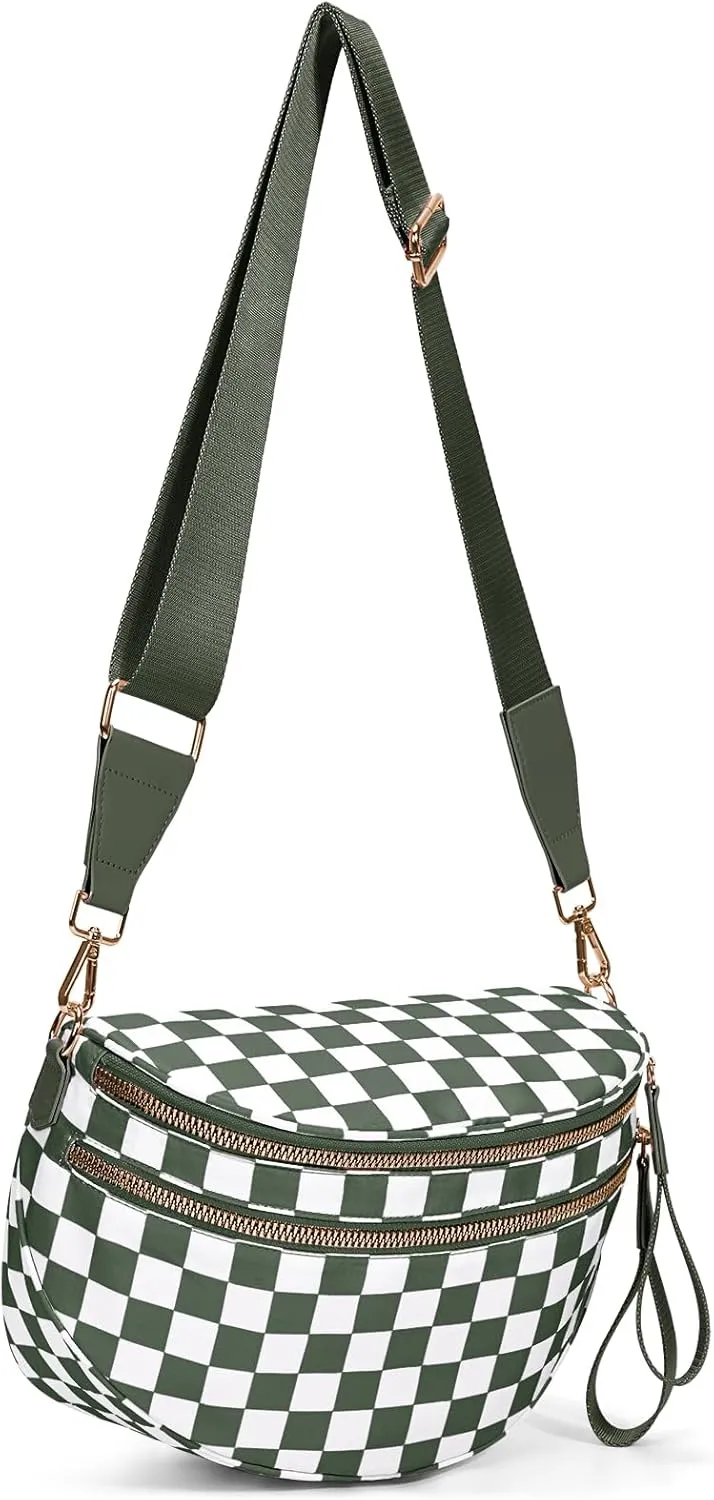 Bum Bags for Women Crossbody,Nylon Checkered Crossbody Bag Black and White Checkered Purse Oversized Slouchy Belt Bag