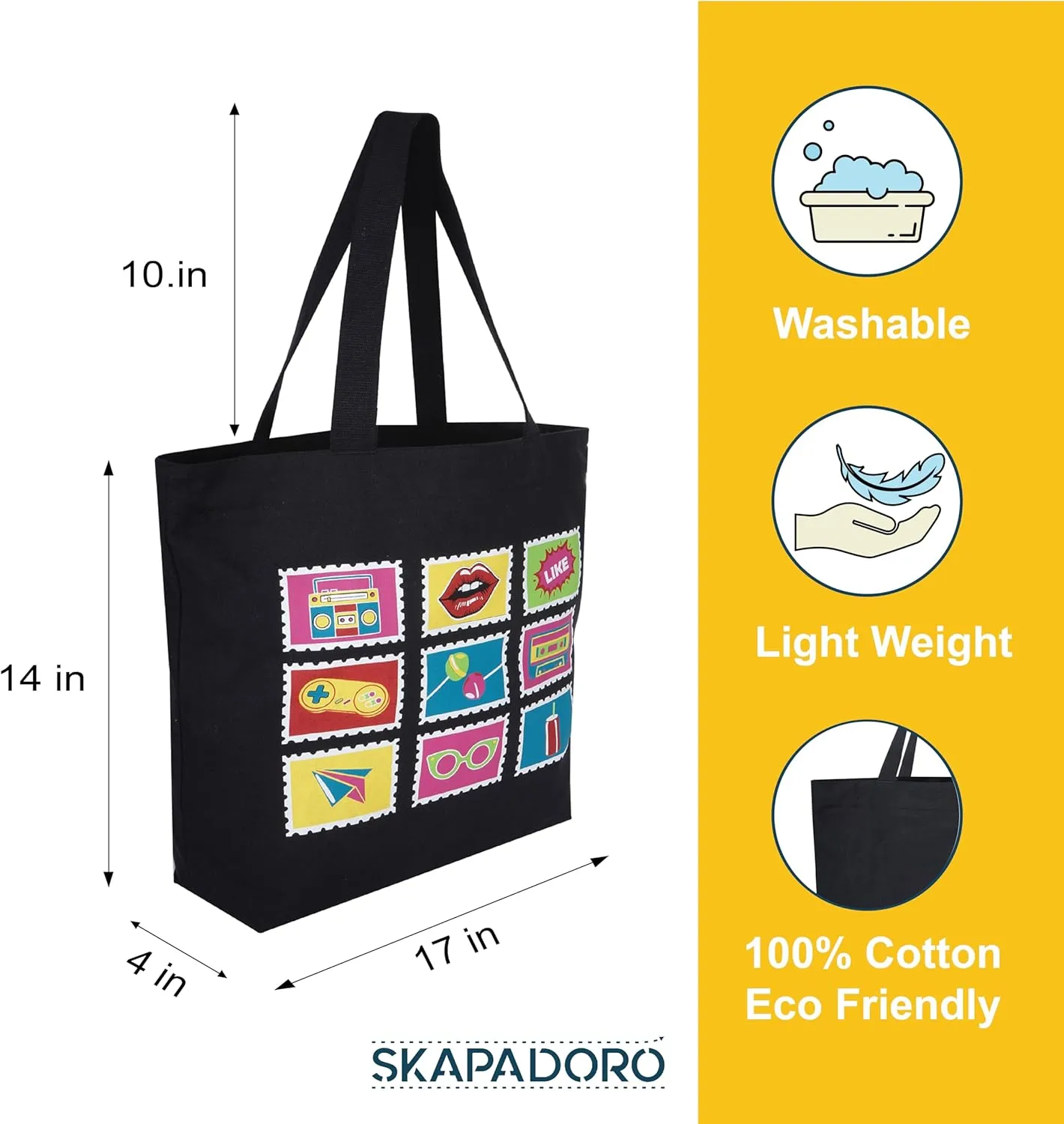 Canvas Big Zip Printed Handbag Tote, Cotton, Inner Pocket, Ecofriendly Bags for Women, Shopping Bag, Easy to Wash