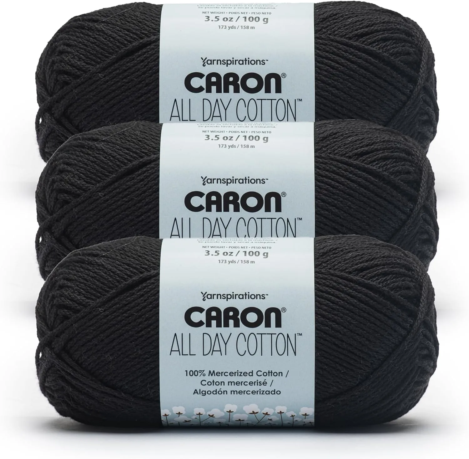Caron All Day Cotton - 3 Pack of 173 Yards/3.52 oz Black 100% Mercerized Cotton Yarn