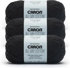 Caron All Day Cotton - 3 Pack of 173 Yards/3.52 oz Black 100% Mercerized Cotton Yarn
