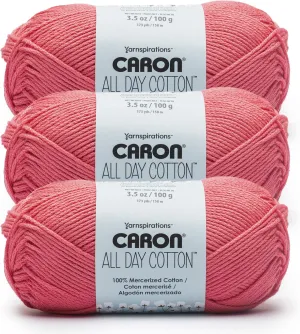 Caron All Day Cotton - 3 Pack of 173 Yards/3.52 oz, Cherry, 100% Mercerized Cotton Yarn