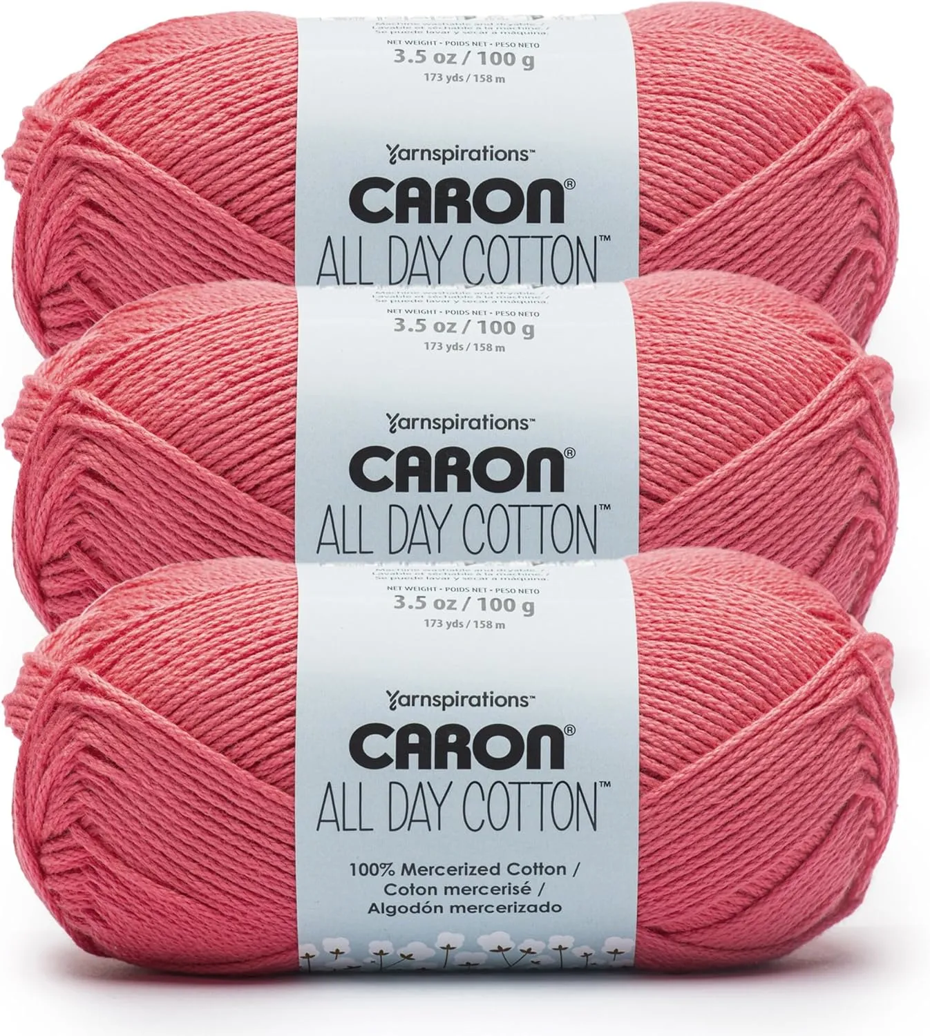 Caron All Day Cotton - 3 Pack of 173 Yards/3.52 oz, Cherry, 100% Mercerized Cotton Yarn