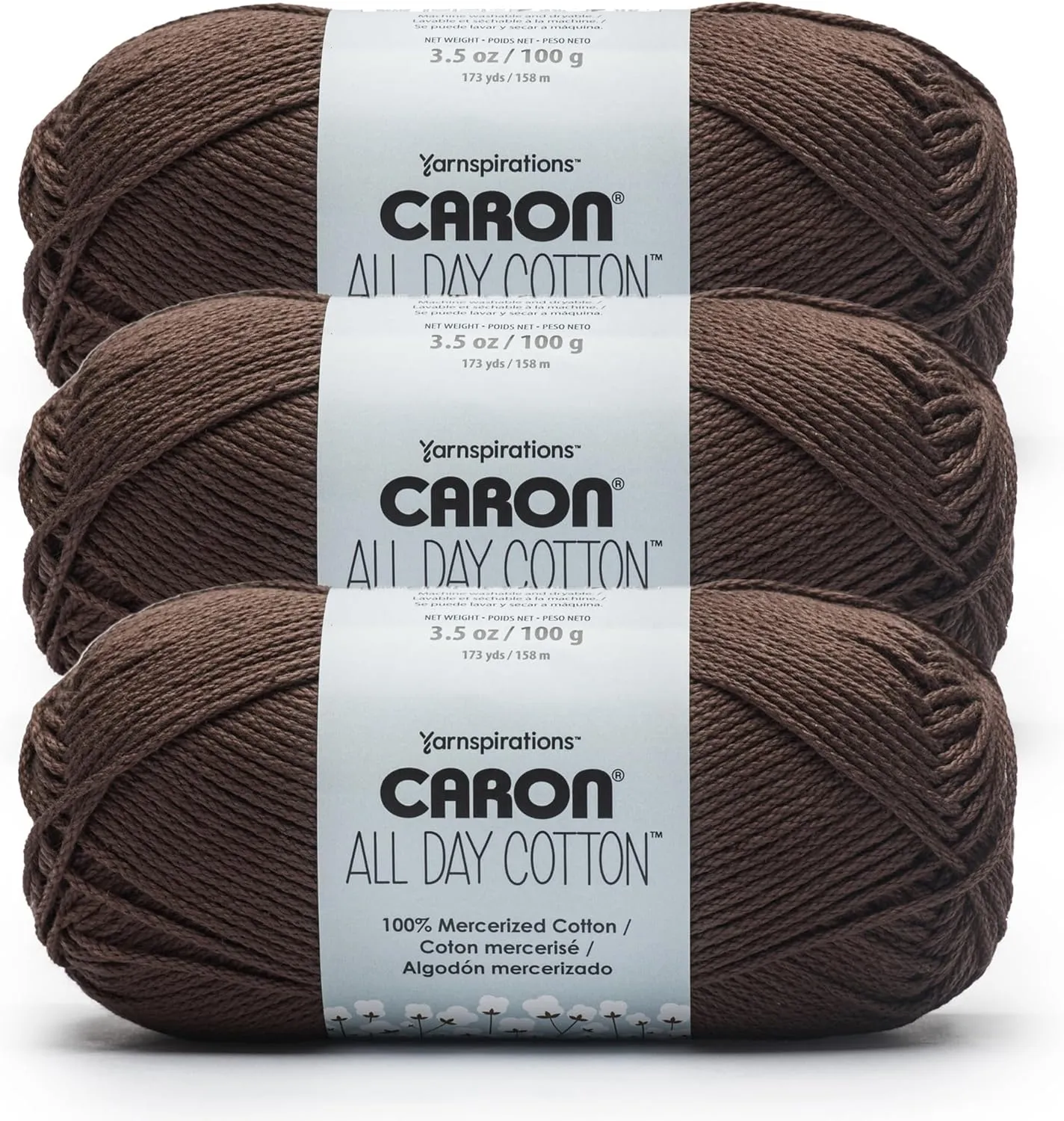 Caron All Day Cotton - 3 Pack of 173 Yards/3.52 oz Coffee Bean 100% Mercerized Cotton Yarn