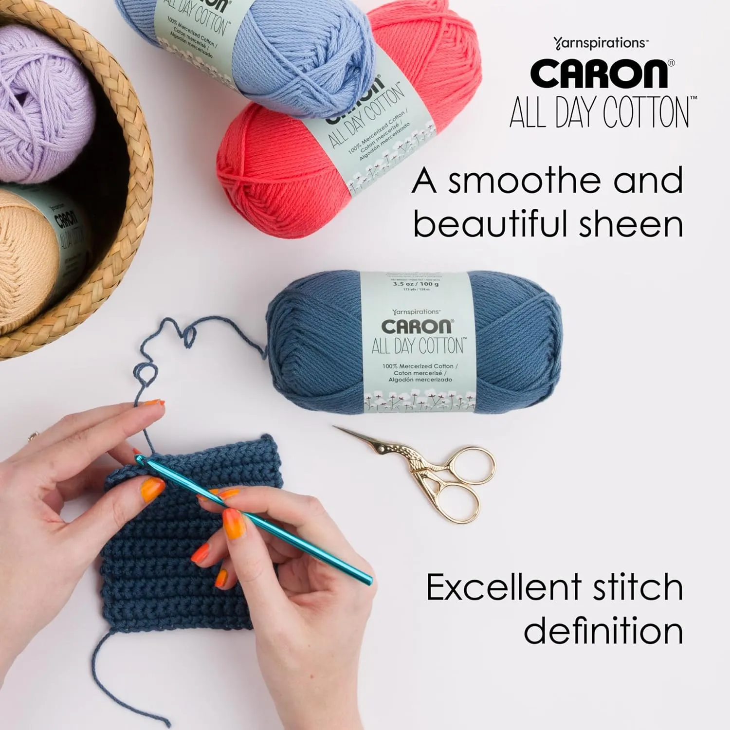 Caron All Day Cotton - 3 Pack of 173 Yards/3.52 oz Cream 100% Mercerized Cotton Yarn