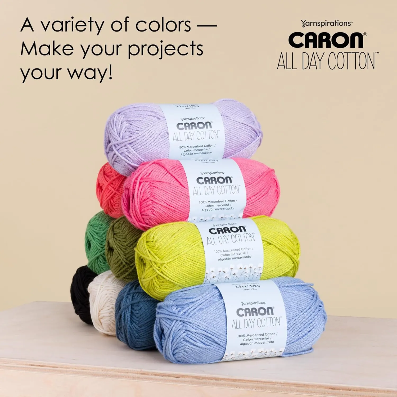 Caron All Day Cotton - 3 Pack of 173 Yards/3.52 oz Cream 100% Mercerized Cotton Yarn
