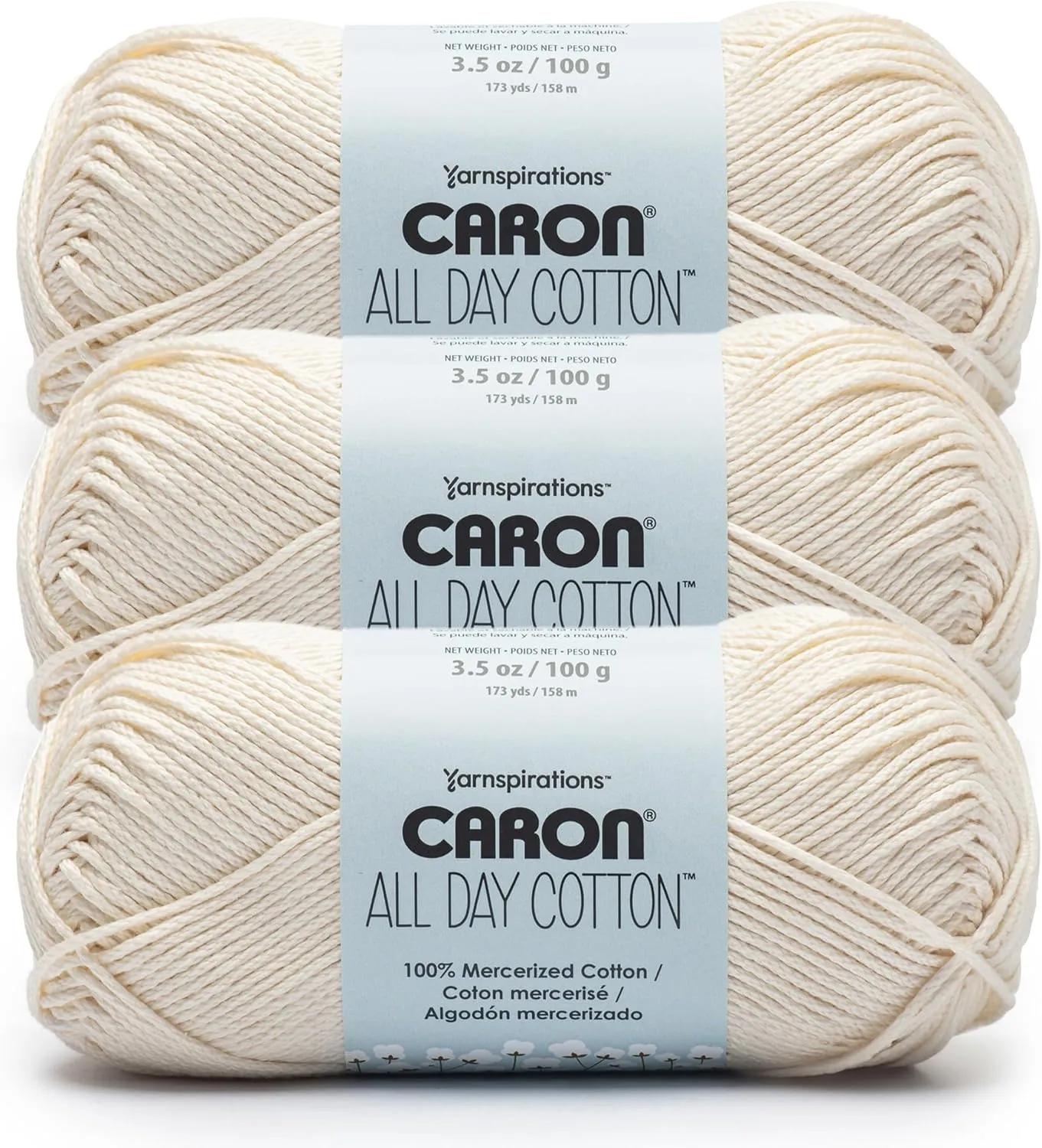 Caron All Day Cotton - 3 Pack of 173 Yards/3.52 oz Cream 100% Mercerized Cotton Yarn
