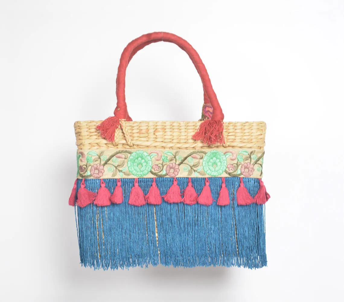 Cerulean Fringed Basket Woven Cane Tasseled Bag