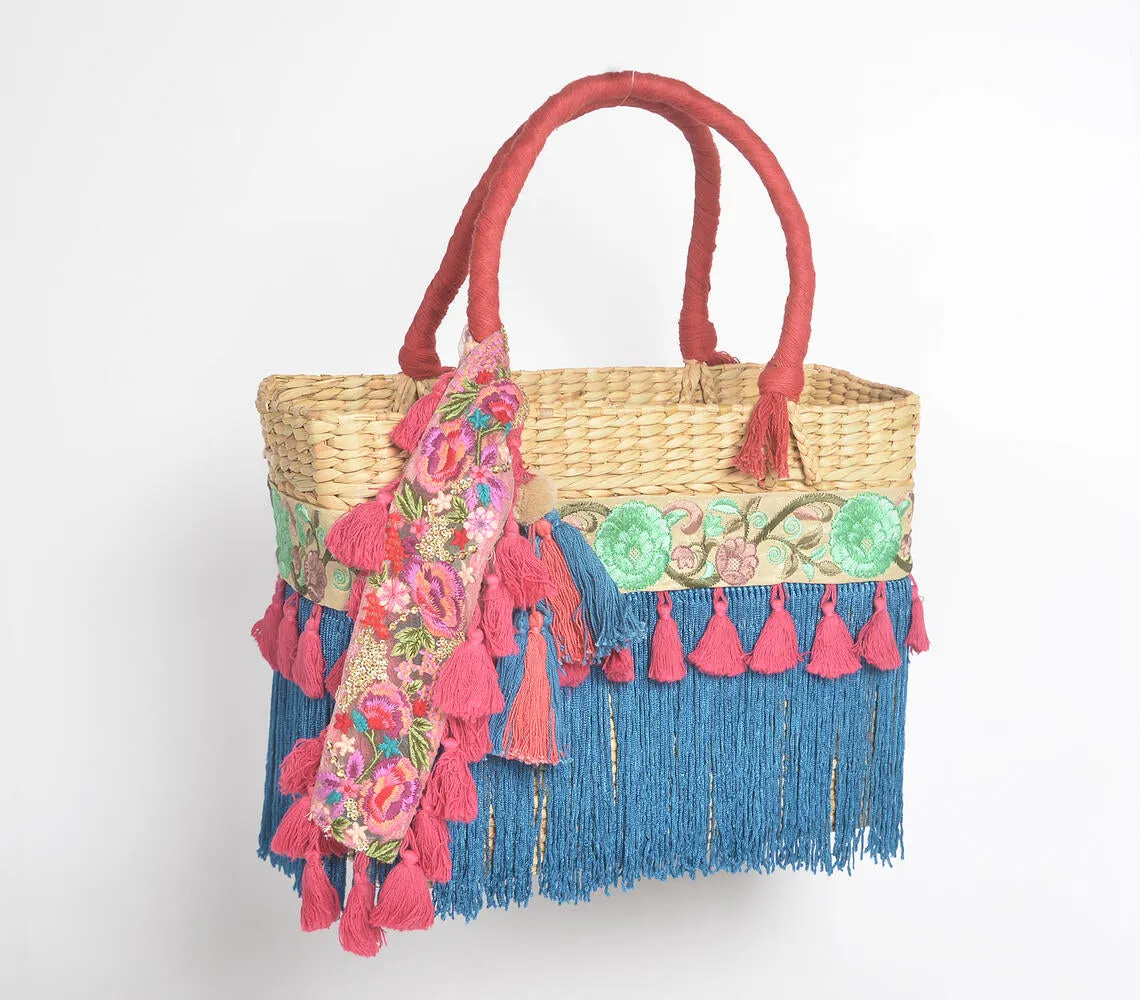 Cerulean Fringed Basket Woven Cane Tasseled Bag