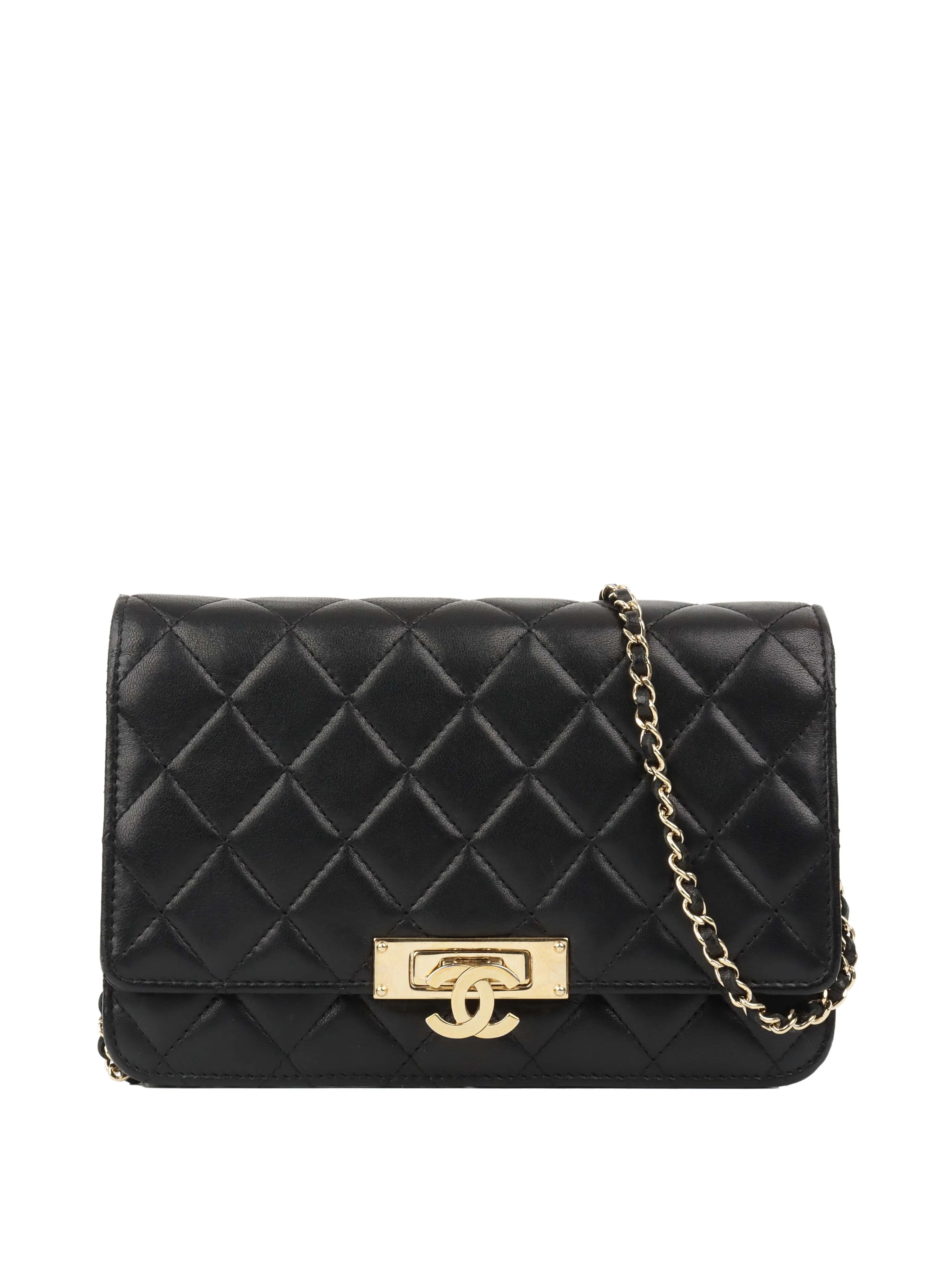 Chanel Black Buckled Lambskin Wallet on Chain.