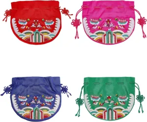 CHGCRAFT 4Pcs 4 Colors Traditional Korean Pouch Embroidered Drawstring Bags Half Round Cloth Packing Pouches for Wedding Candy Jewelry Bags