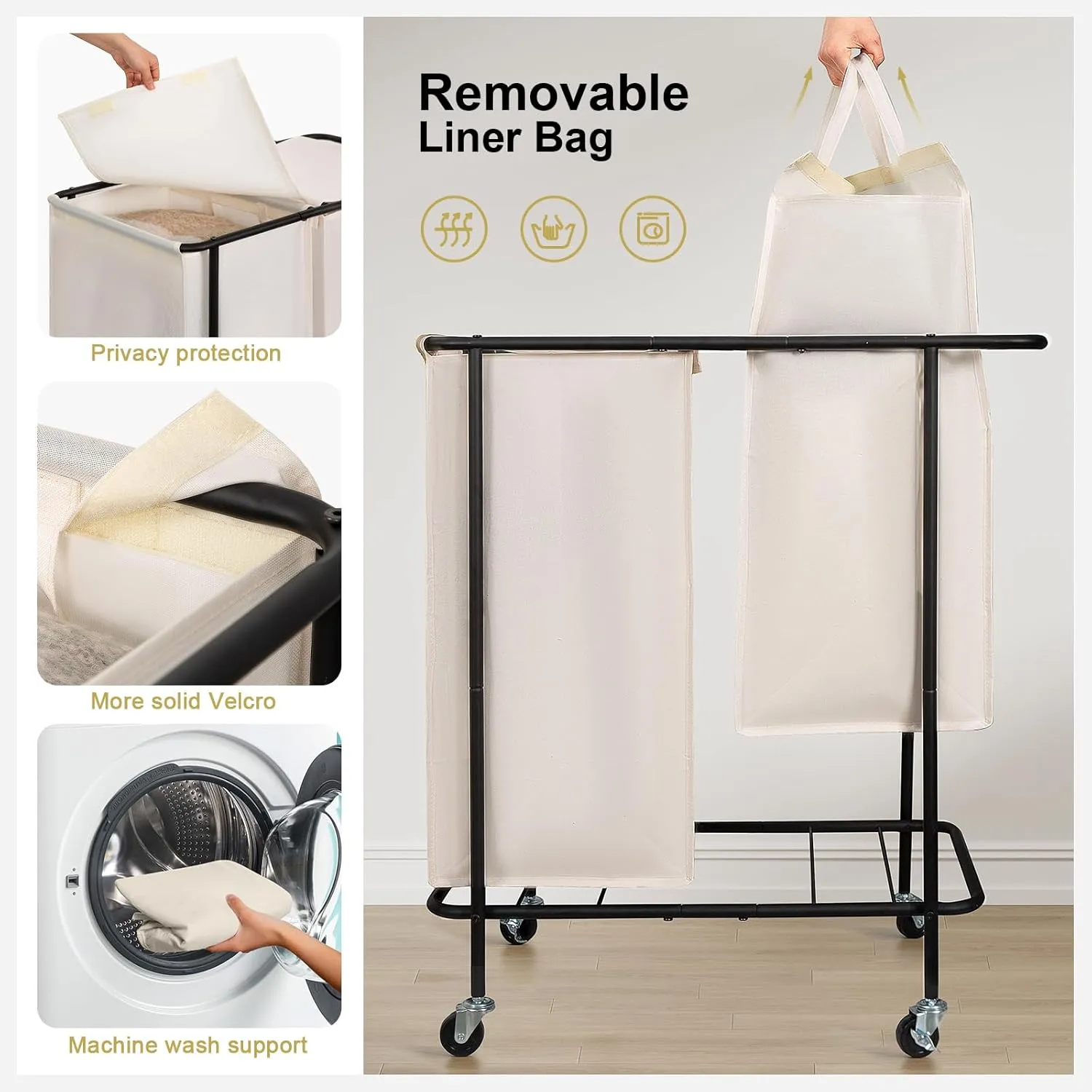 Chrislley Double Laundry Hamper with Wheels,200L Rolling Laundry Basket 2 Section with Lid,Steel Frame Laundry Cart with Handle and Removable Bags,Dirty Clothes Hamper for Laundry Room,Dorm,Beige