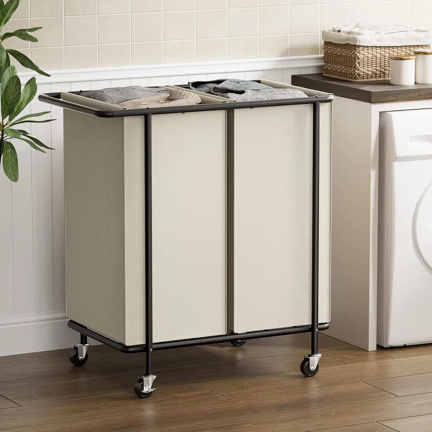 Chrislley Double Laundry Hamper with Wheels,200L Rolling Laundry Basket 2 Section with Lid,Steel Frame Laundry Cart with Handle and Removable Bags,Dirty Clothes Hamper for Laundry Room,Dorm,Beige