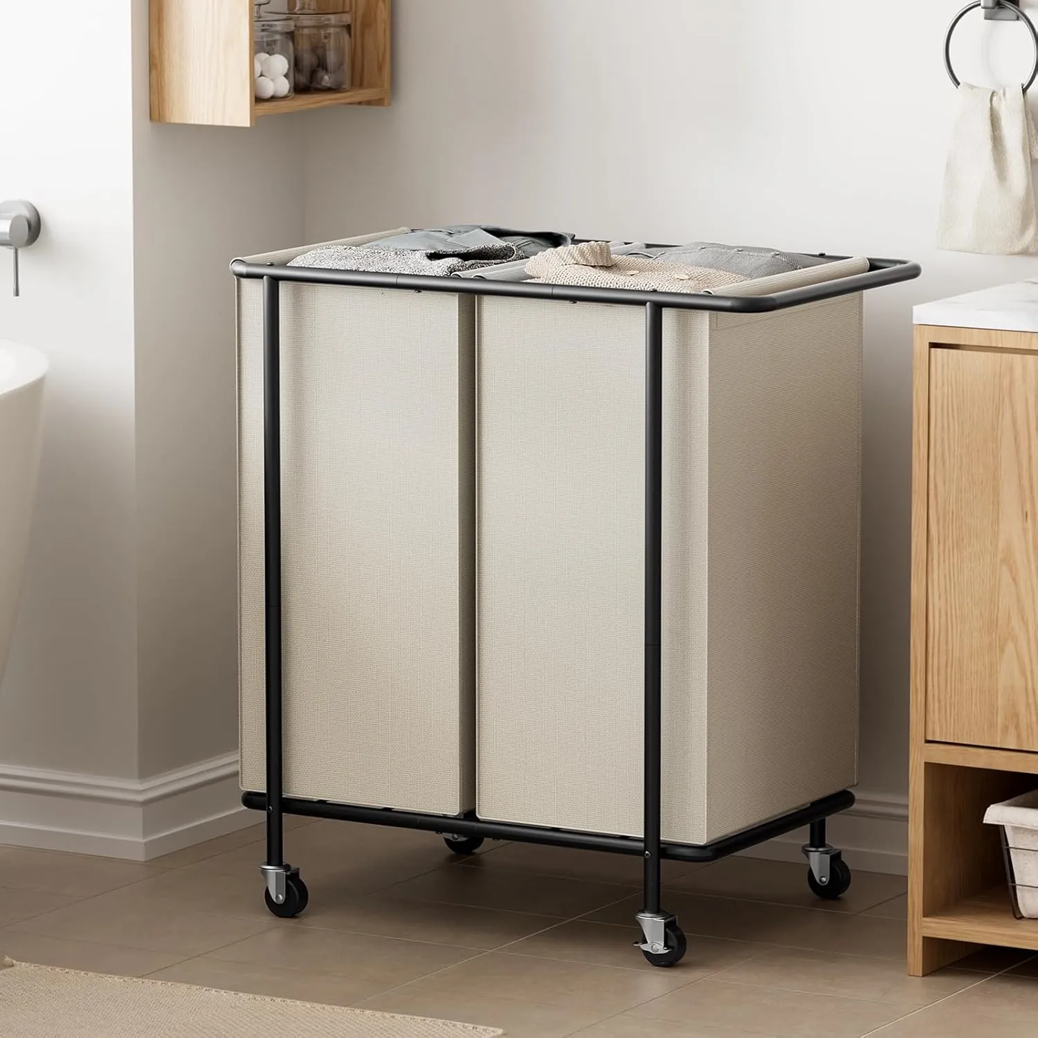 Chrislley Double Laundry Hamper with Wheels,200L Rolling Laundry Basket 2 Section with Lid,Steel Frame Laundry Cart with Handle and Removable Bags,Dirty Clothes Hamper for Laundry Room,Dorm,Beige