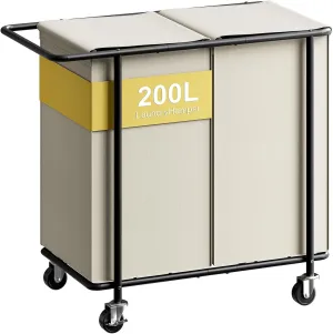 Chrislley Double Laundry Hamper with Wheels,200L Rolling Laundry Basket 2 Section with Lid,Steel Frame Laundry Cart with Handle and Removable Bags,Dirty Clothes Hamper for Laundry Room,Dorm,Beige