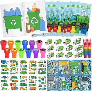 Cinrobiye 72 PCS Garbage Truck Coloring Books Party Favor Set Garbage Party Goodie Bag Fillers Truck Birthday Party Supplies DIY Scene Stickers Temporary Tattoos Prizes Art Crafts for Home School