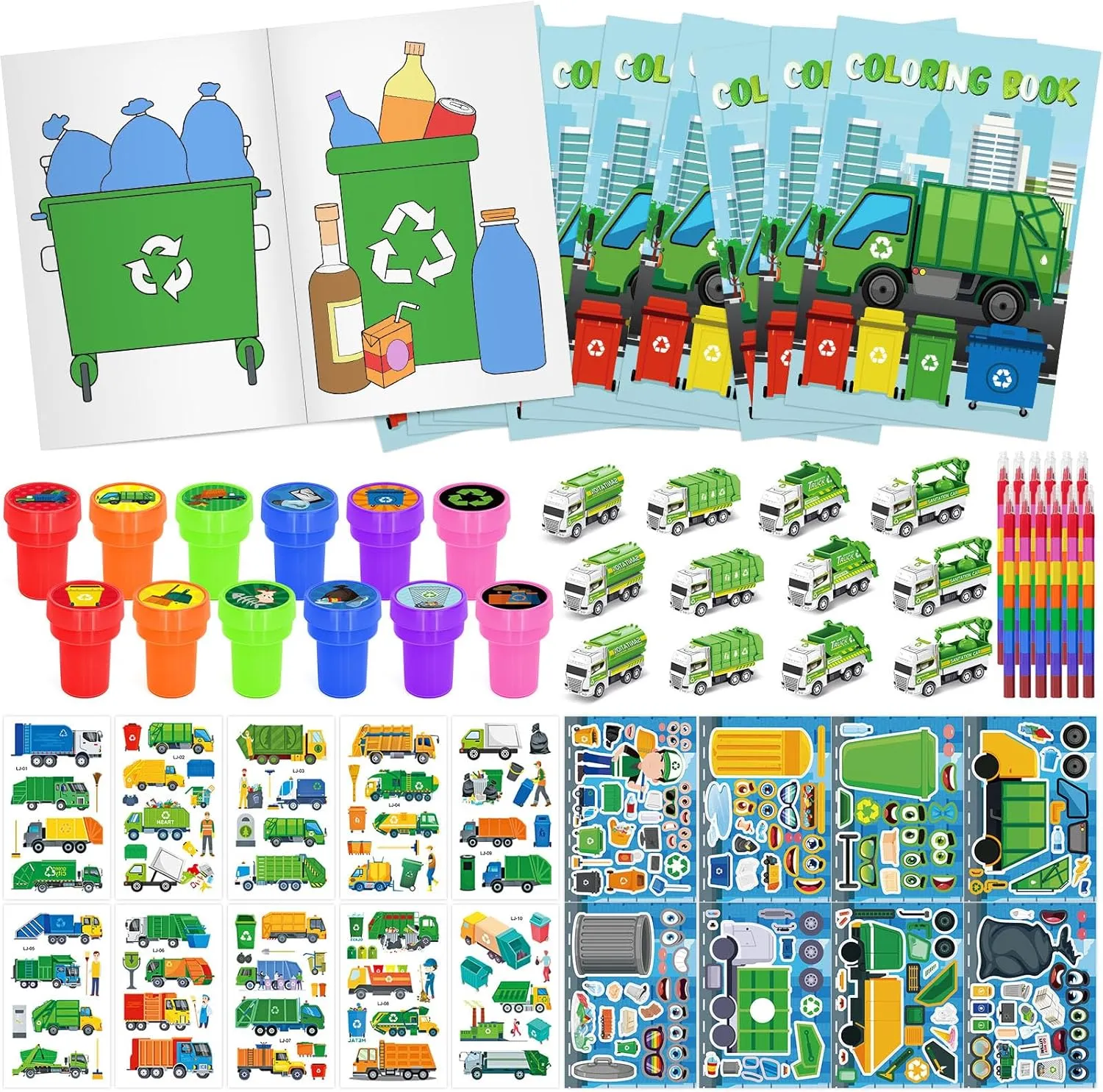 Cinrobiye 72 PCS Garbage Truck Coloring Books Party Favor Set Garbage Party Goodie Bag Fillers Truck Birthday Party Supplies DIY Scene Stickers Temporary Tattoos Prizes Art Crafts for Home School