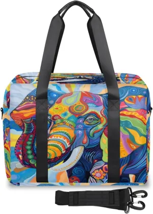 Colorful Elephant Intricate Patterns Womens Travel Bags, Weekender Carry on for Women, Sports Gym Bag, Workout Duffel bag, Overnight Shoulder Bag