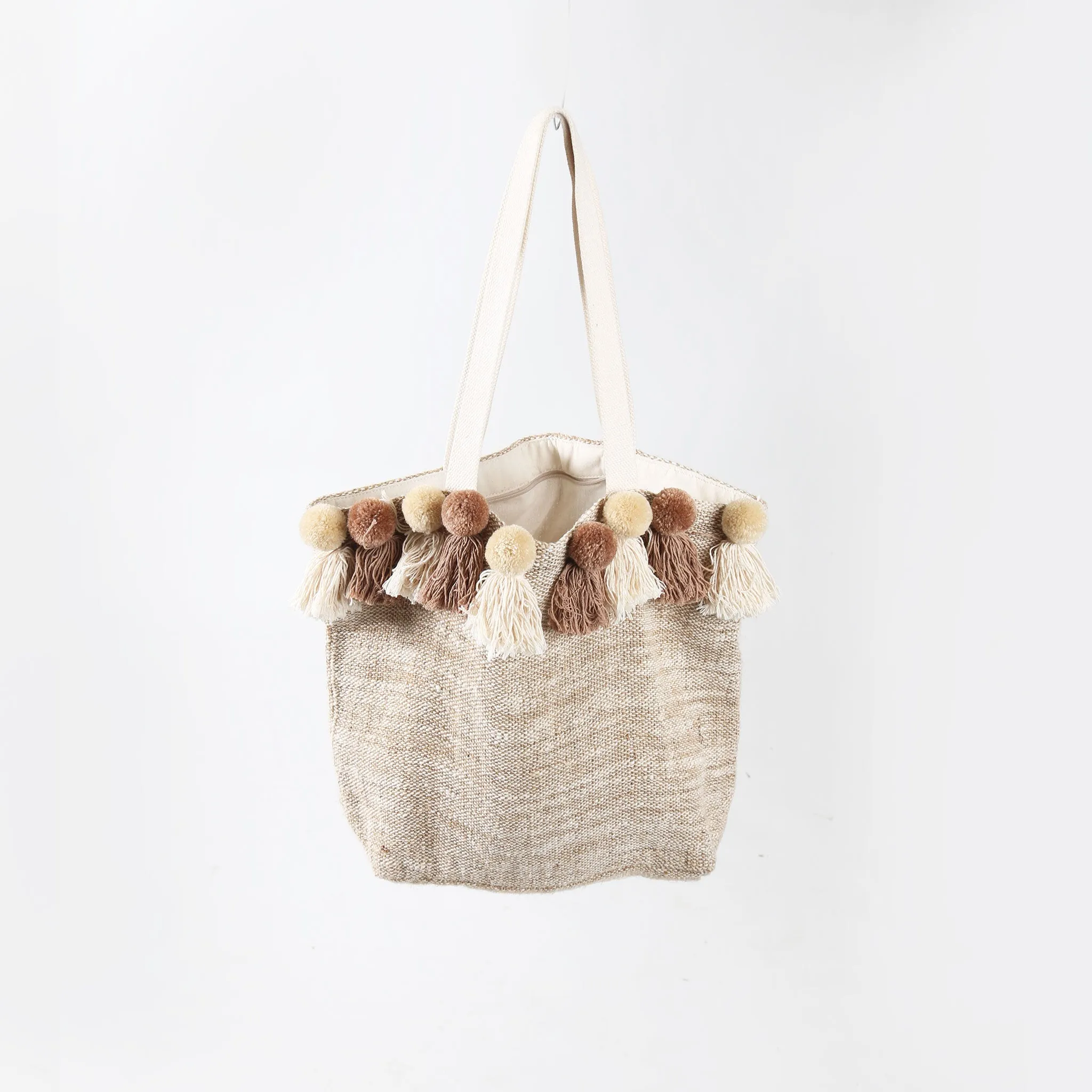 Cotton Canvas Lined Market Bag Fringed with Tassled Pom Poms