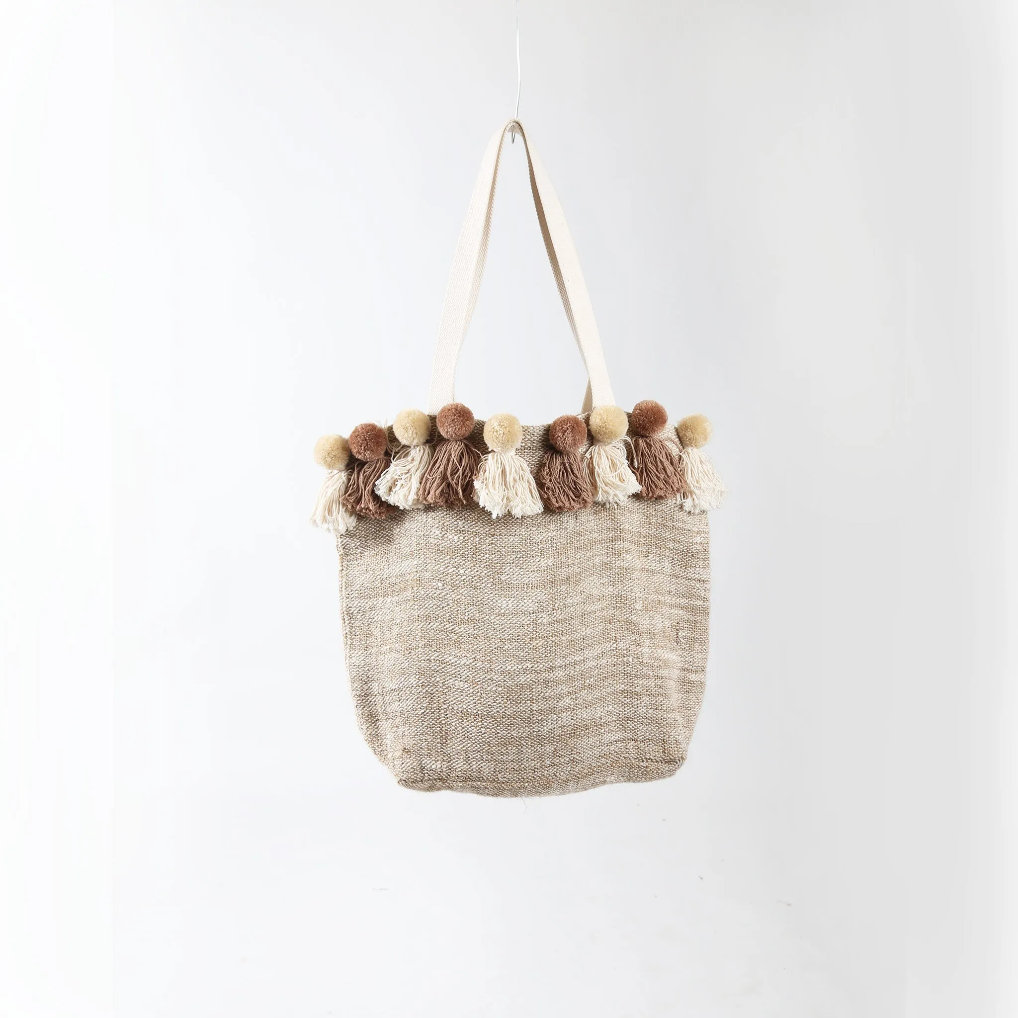 Cotton Canvas Lined Market Bag Fringed with Tassled Pom Poms