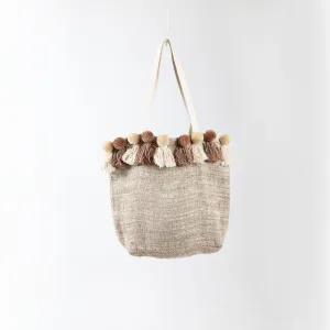 Cotton Canvas Lined Market Bag Fringed with Tassled Pom Poms