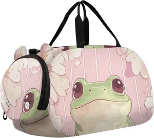 Cute Frog Duffle Bag for Girl, Sports Duffle Gym Bags with Shoe Compartment, Personalized Overnight Bag Travel Weekender for Kids