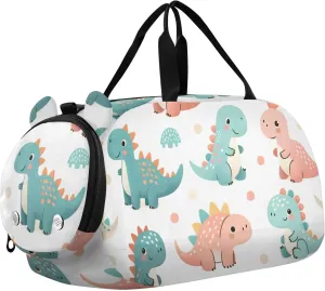 Cute Little Dinosaurs Duffle Bag for Girl, Sports Duffle Gym Bags with Shoe Compartment, Personalized Overnight Bag Travel Weekender for Kids