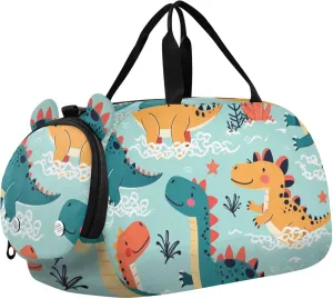 Cute Tropical Dinosaurs Duffle Bag for Girl, Sports Duffle Gym Bags with Shoe Compartment, Personalized Overnight Bag Travel Weekender for Kids