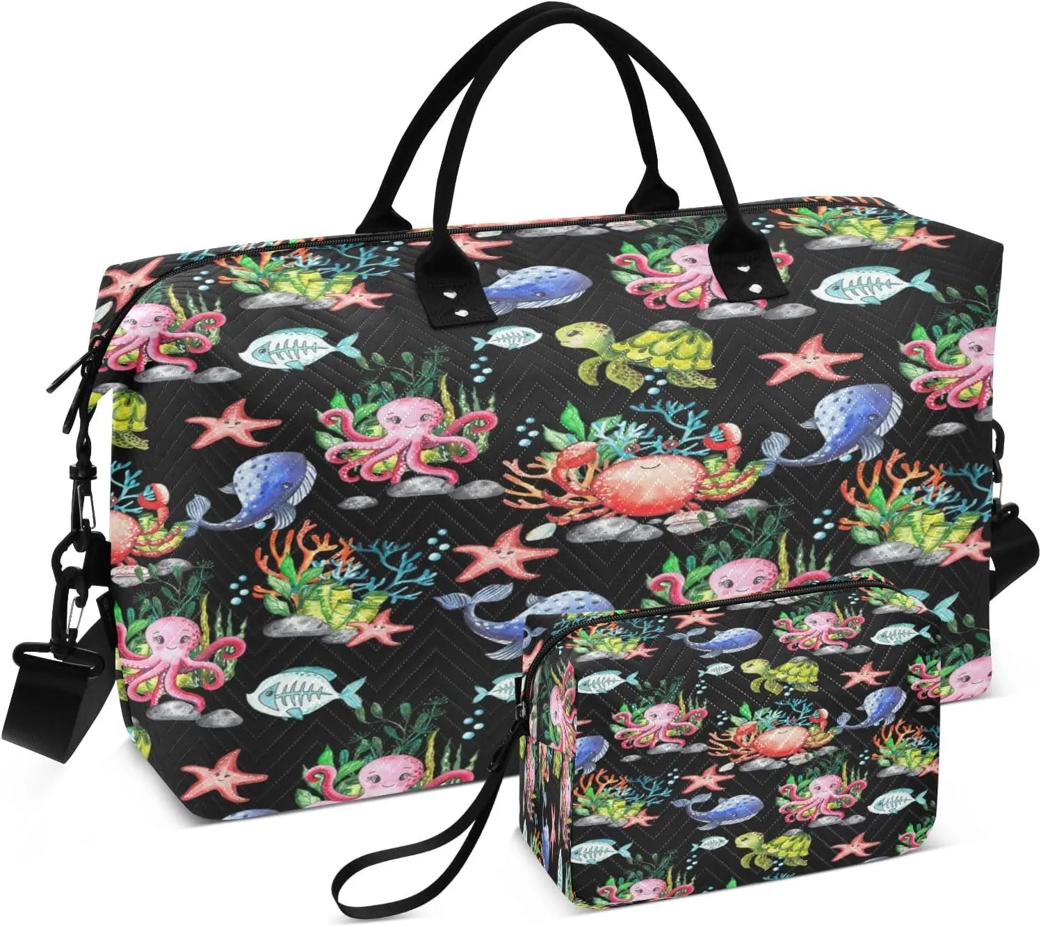 Cute Whale Octopus Starfish Travel Duffel Bags with Toiletry Bag for Travel Gym Yoga Weekender Bag