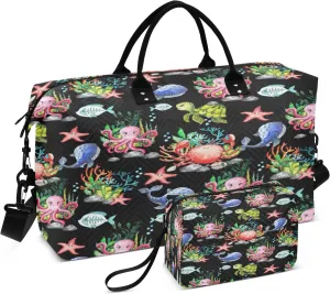 Cute Whale Octopus Starfish Travel Duffel Bags with Toiletry Bag for Travel Gym Yoga Weekender Bag