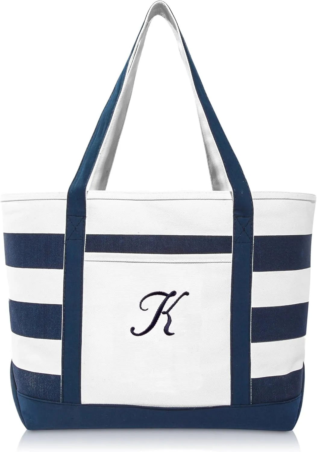 DALIX Premium Beach Bags Striped Navy Blue Zippered Tote Bag Monogrammed A - Z