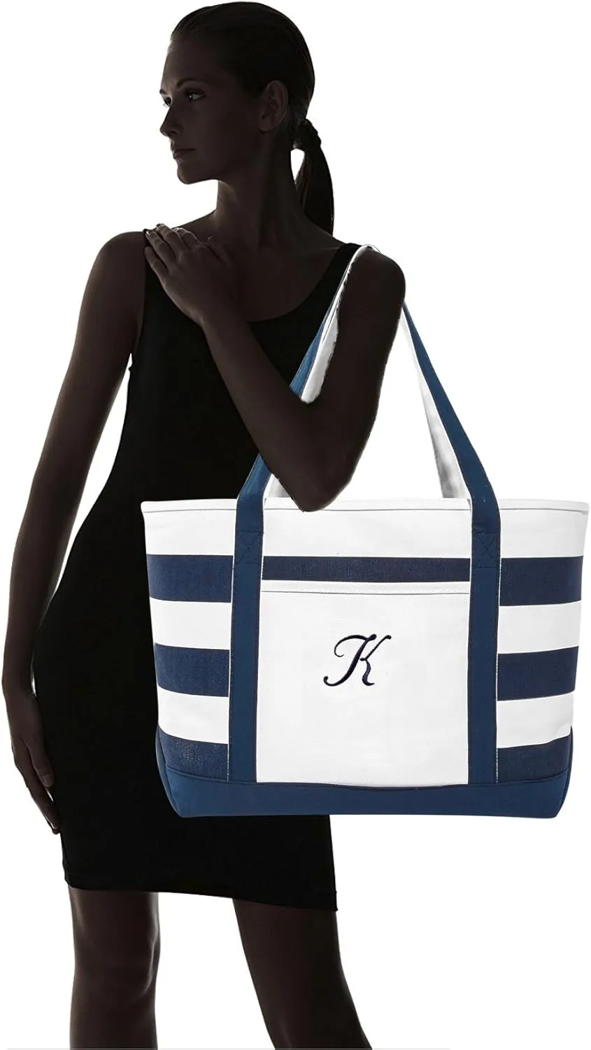 DALIX Premium Beach Bags Striped Navy Blue Zippered Tote Bag Monogrammed A - Z
