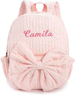 Daycare Backpack Personalized Seersucker Backpack with Bowknot Custom Small Embroidered Daypack Overnight Daycare Bags (Pink Large Bowknot)