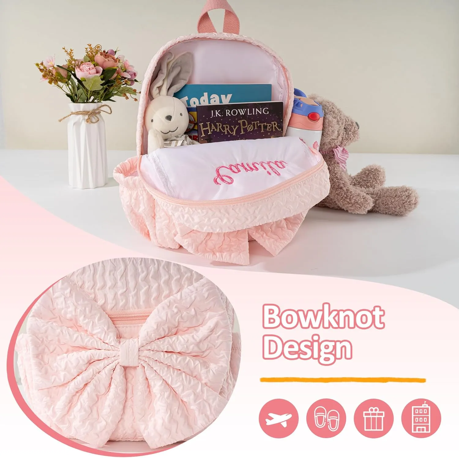 Daycare Backpack Personalized Seersucker Backpack with Bowknot Custom Small Embroidered Daypack Overnight Daycare Bags (Pink Large Bowknot)