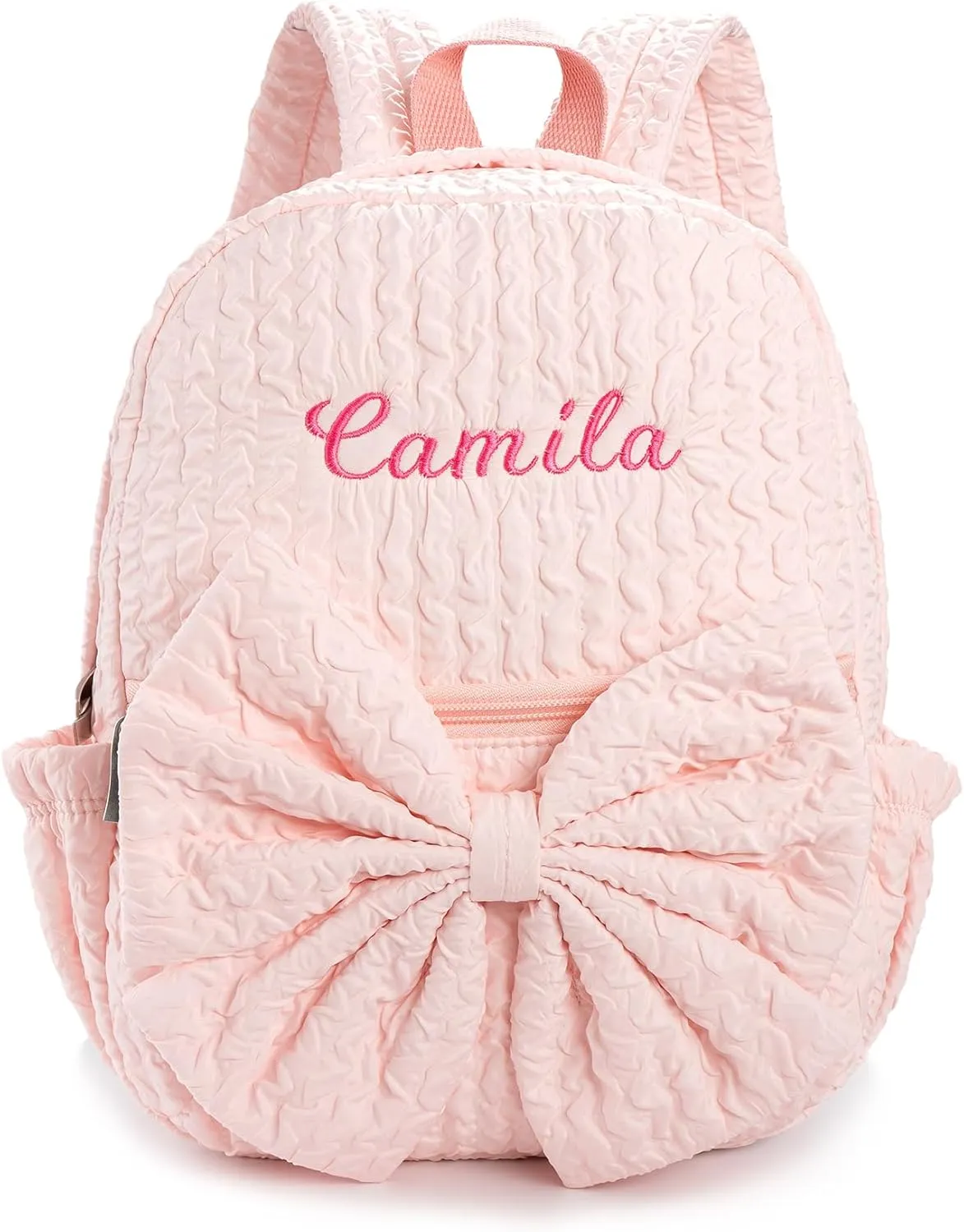 Daycare Backpack Personalized Seersucker Backpack with Bowknot Custom Small Embroidered Daypack Overnight Daycare Bags (Pink Large Bowknot)