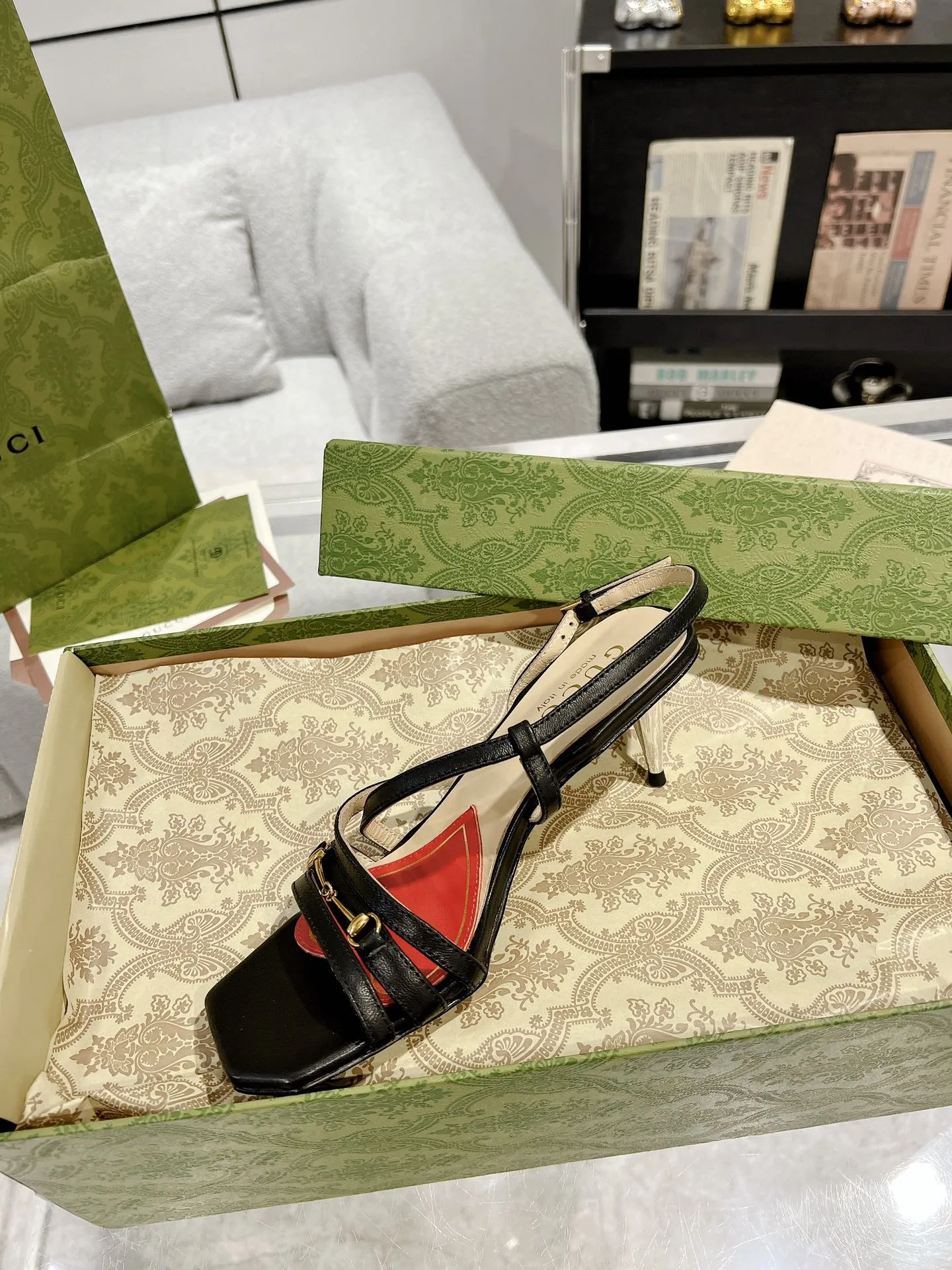 Dependable GG STRAPPY CLASSIC Giant discount SANDAL CALFSKIN HEEL Gucci BLACK 